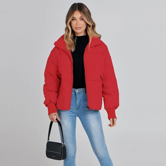 MEROKEETY Women's Winter Long Sleeve Zip Puffer Down Coat in Red Size Small - Picture 7 of 11